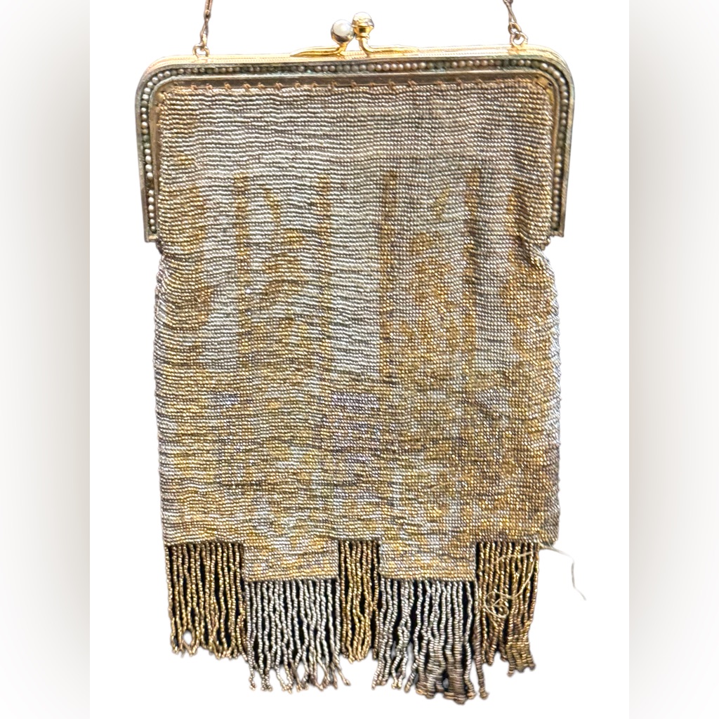 Antique Flapper Micro Bead Fancy Gold Harware Fringe Purse Wristlet Art Deco